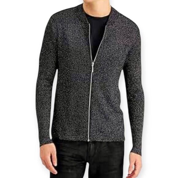 I.N.C. INTERNATIONAL CONCEPTS MENS BLACK & METALLIC SILVER ZIP FRONT SWEATER SZ. - Picture 1 of 10